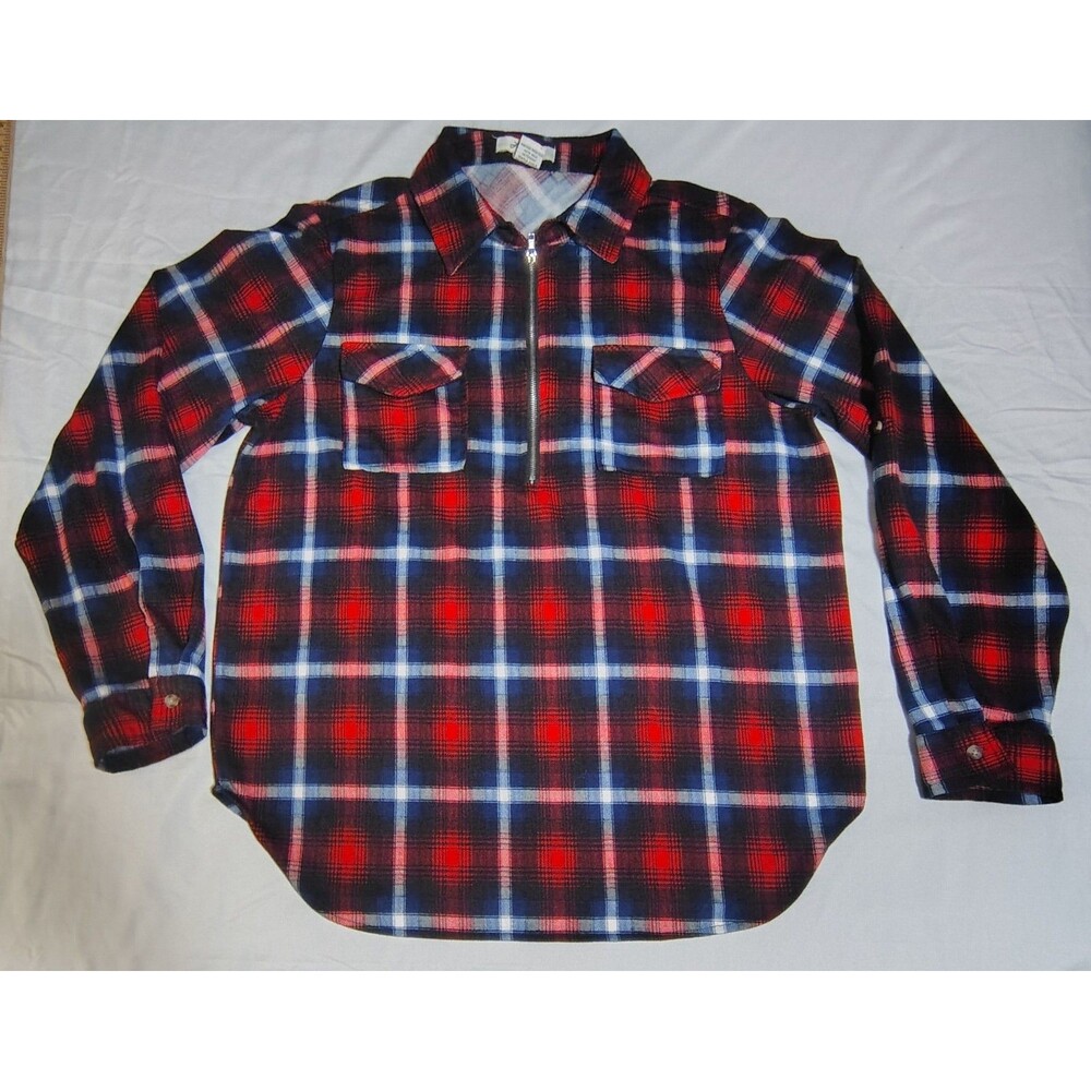 Love Potion Red White Blue Plaid Quarter Zip LS Flannel Shirt Sz L Western